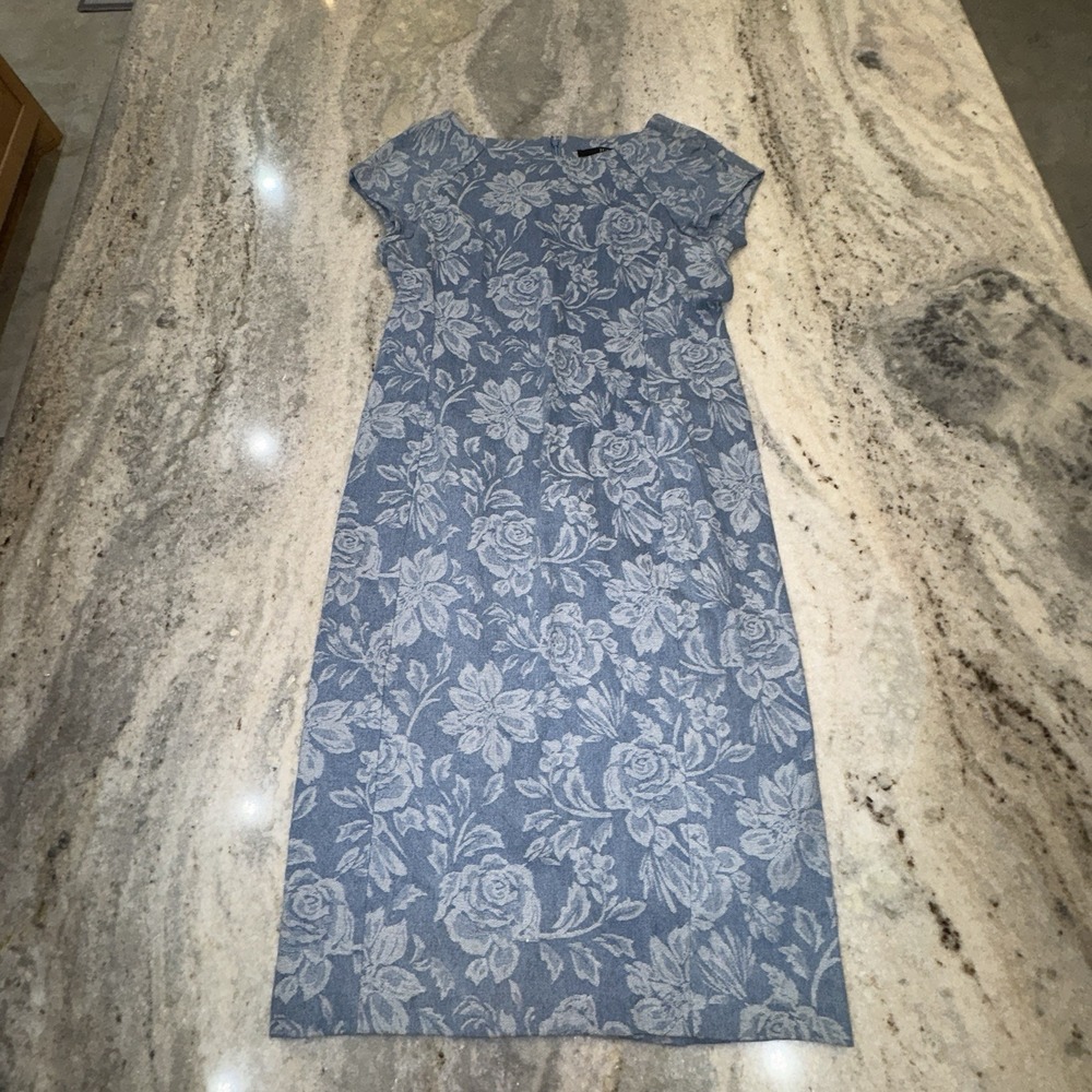 ICE Women's 12 Large Jacquered Blue Floral Mini Shift Dress Cap Sleeve Denim